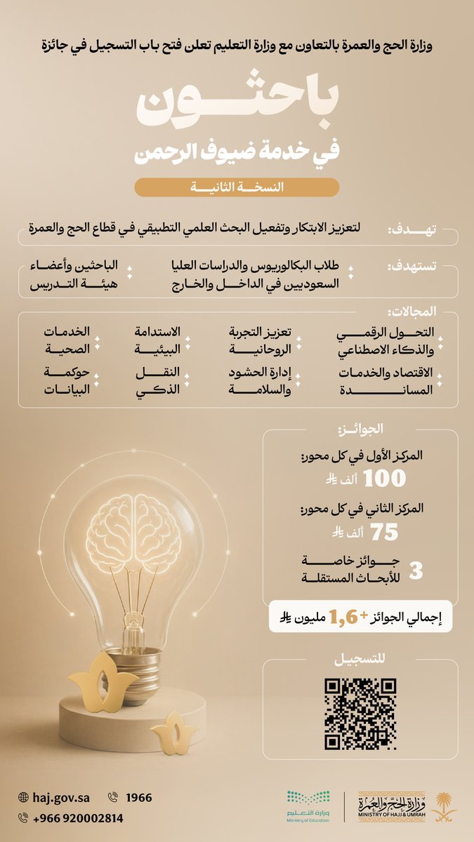وزارة الحج والعمرة تفتح التسجيل في جائزة باحثون في خدمة ضيوف الرحمن • مدونة وظائف الإلكترونية 098765